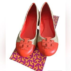 Pre owned Carita Ballet Straw and Leather Flats Size 7.5 in Fire Orange